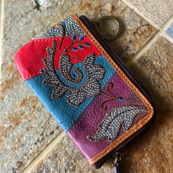 FOSSIL FLORAL EMBROIDERY MULTICOLOR LEATHER ID CC COIN CASE - Picture 2 of 4